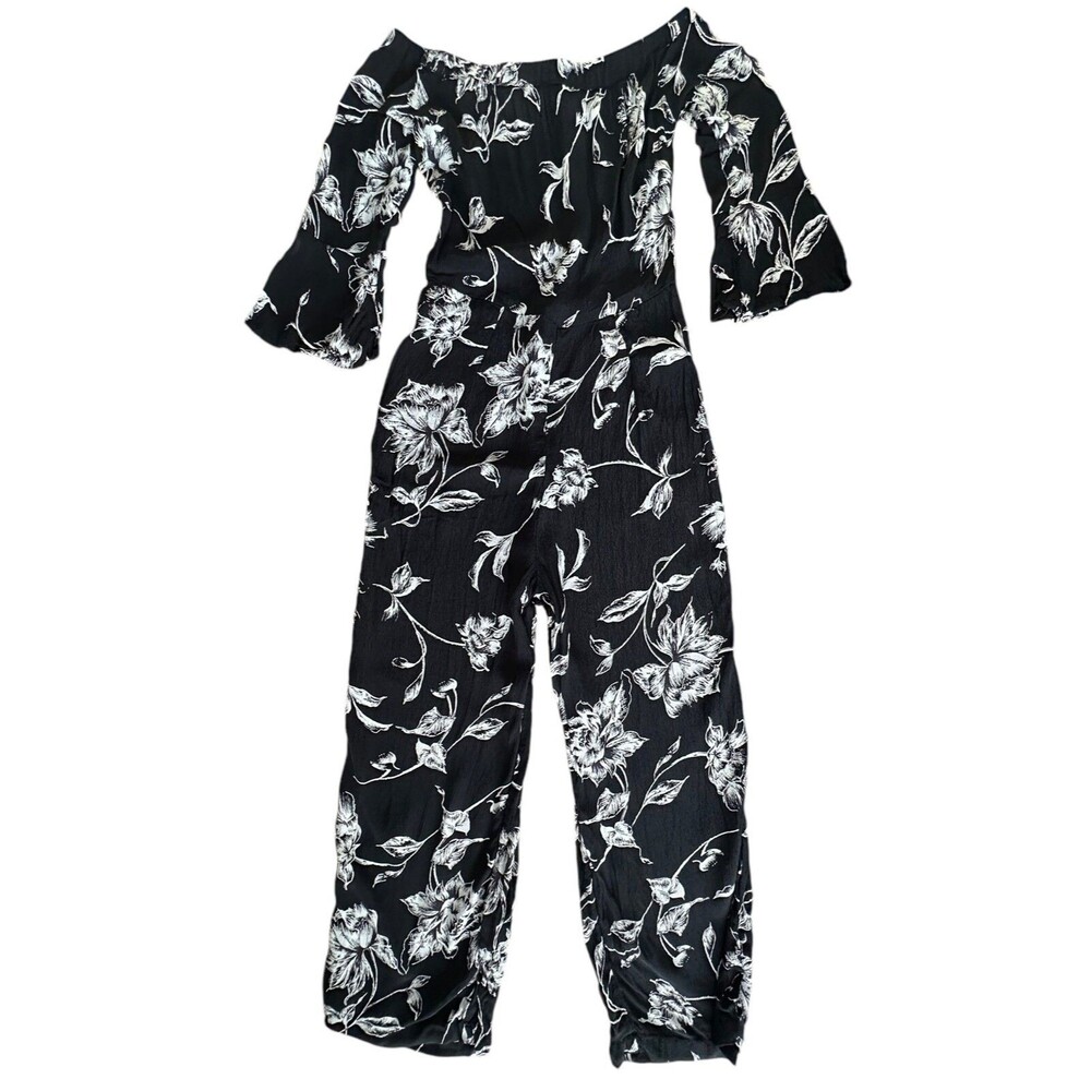 Asos Women's Cropped Viscose Jumpsuit 3/4 Sleeve Size 0 Black White Printed - Picture 2 of 8